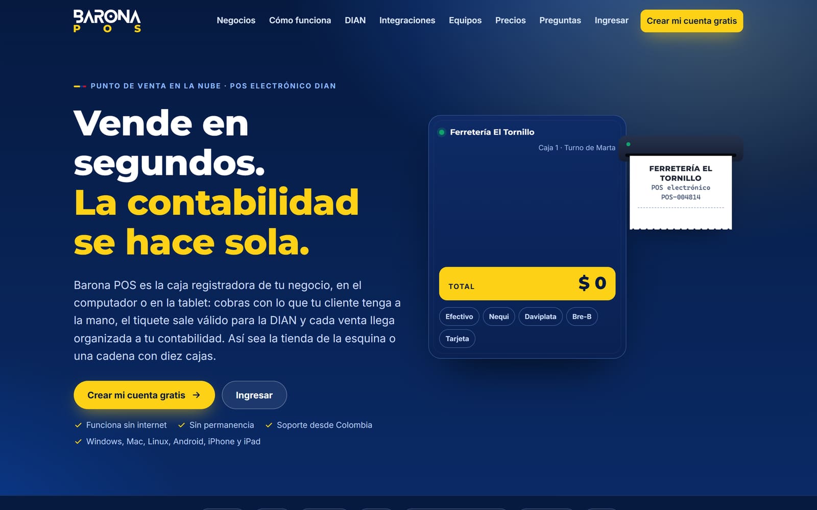 Página de inicio de Barona POS